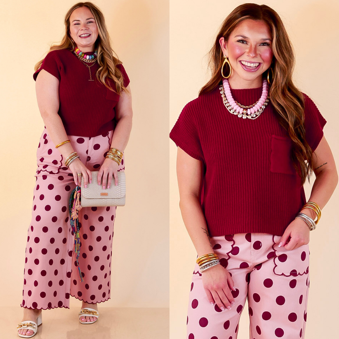 Repeat Worthy Cap Sleeve Cropped Sweater with Front Pocket in Maroon