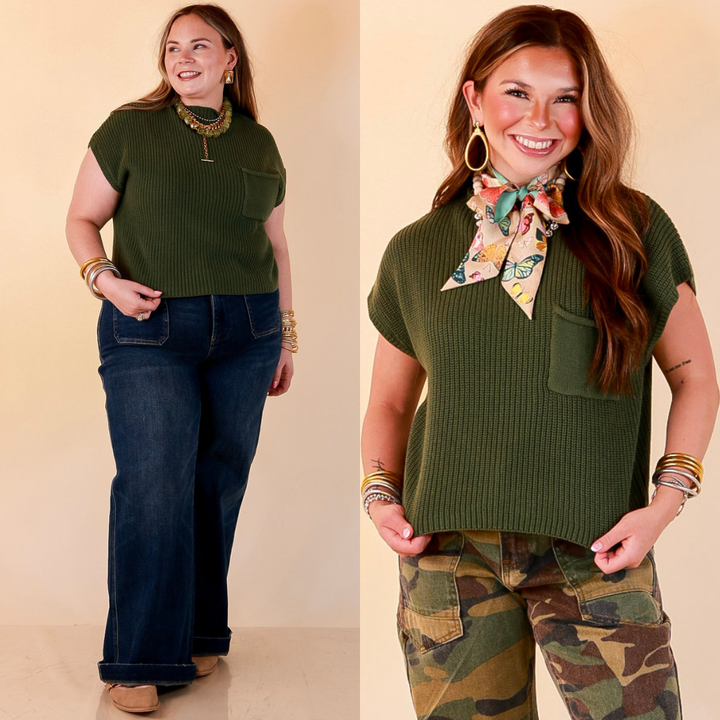 Repeat Worthy Cap Sleeve Cropped Sweater with Front Pocket in Olive Green