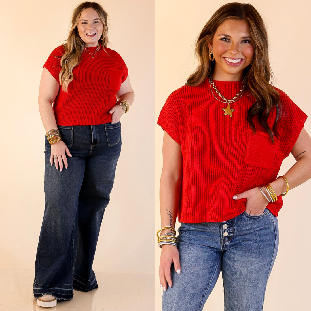Models are wearing Cap Sleeve Cropped Sweater with Front Pocket in Red and blue jeans on a beige background