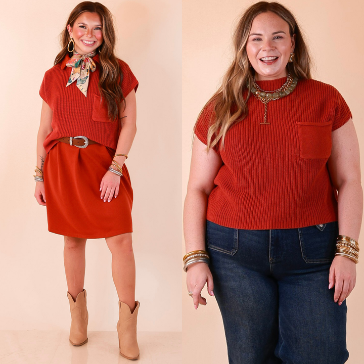 Repeat Worthy Cap Sleeve Cropped Sweater with Front Pocket in Rust Orange