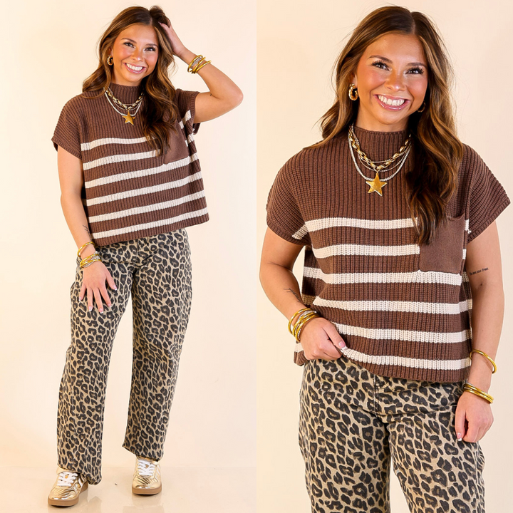 Repeat Worthy Striped Cap Sleeve Cropped Sweater with Front Pocket in Chocolate Brown