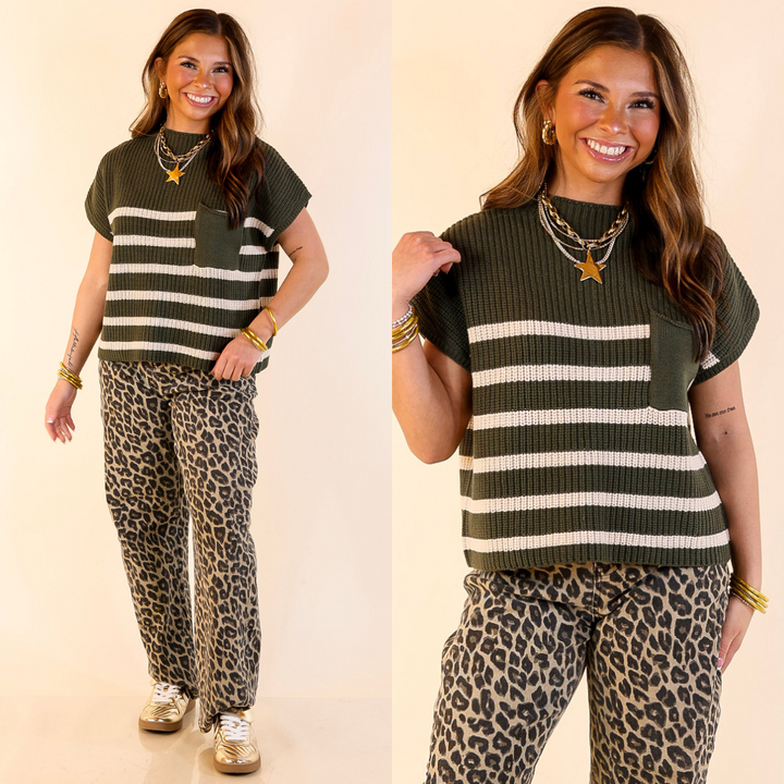 Repeat Worthy Striped Cap Sleeve Cropped Sweater with Front Pocket in Olive Green