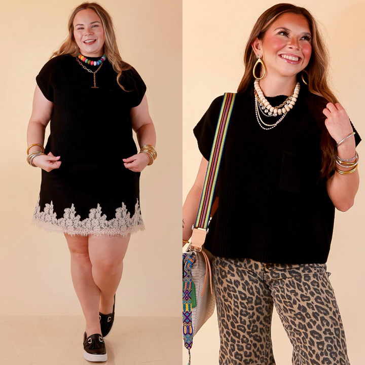 Repeat Worthy Cap Sleeve Cropped Sweater with Front Pocket in Black