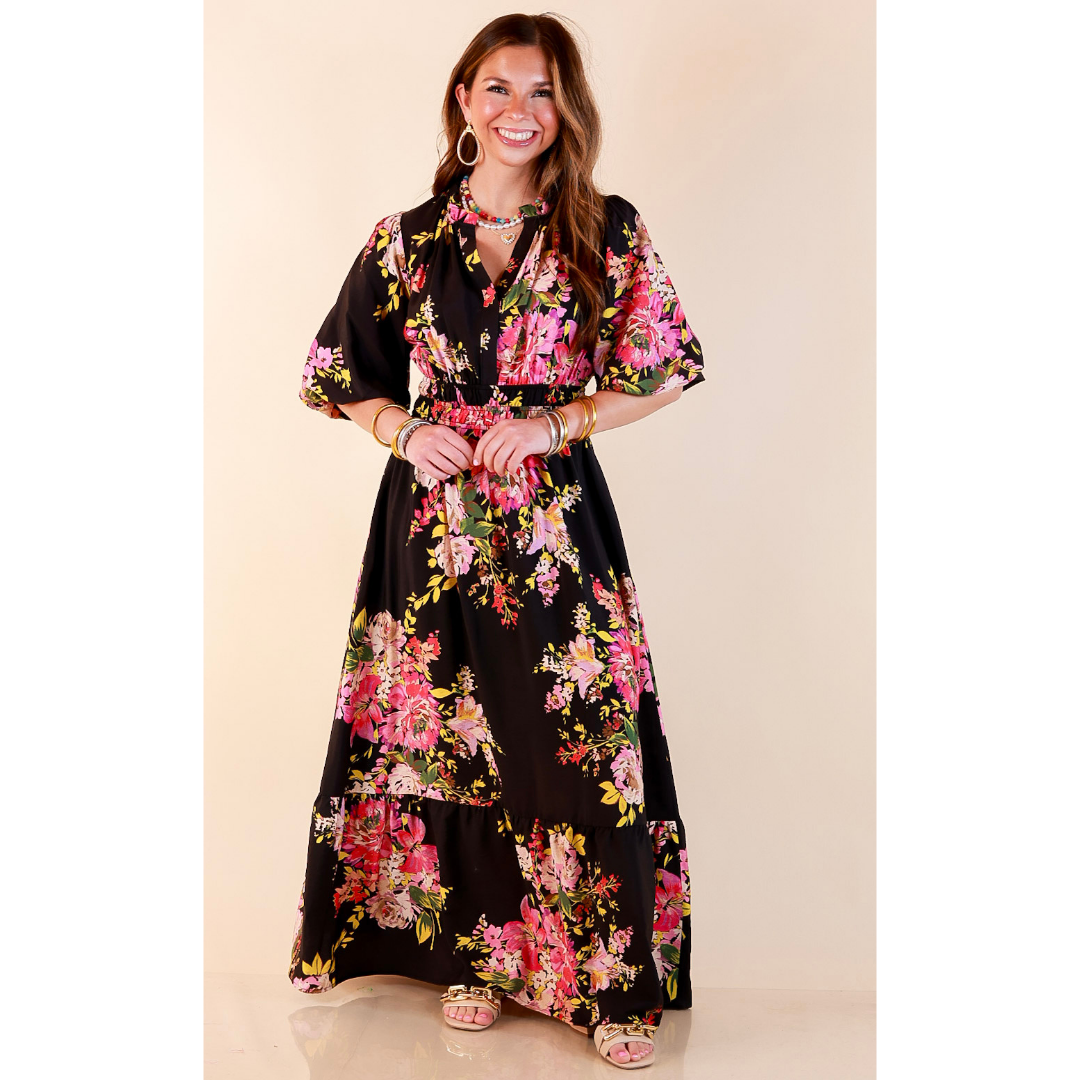 Reserved for Brunch Puff Sleeve Smocked Waist Floral Maxi Dress in Black Multi