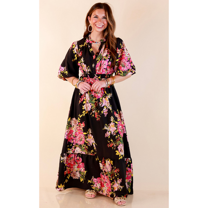 Reserved for Brunch Puff Sleeve Smocked Waist Floral Maxi Dress in Black Multi