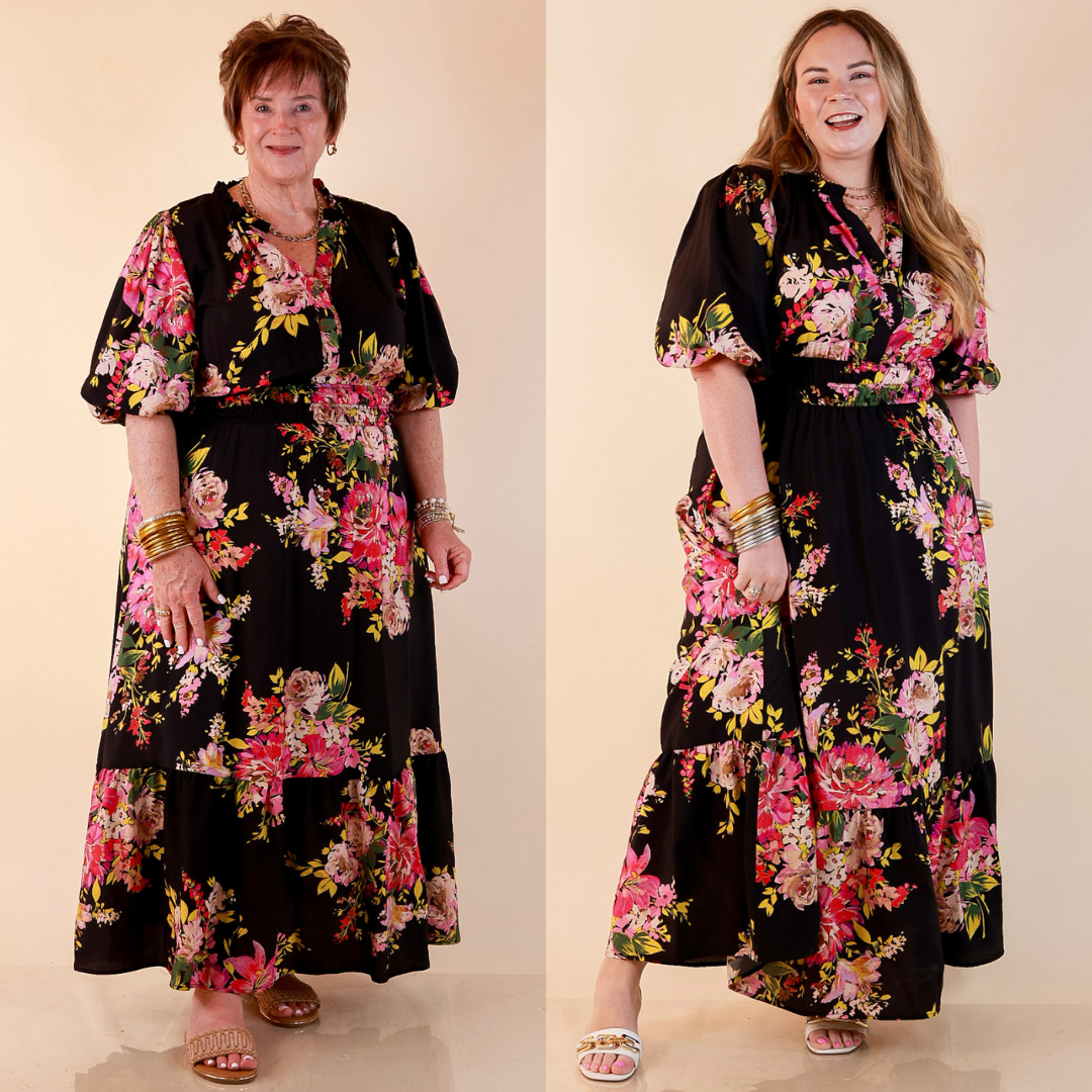 Reserved for Brunch Puff Sleeve Smocked Waist Floral Maxi Dress in Black Multi