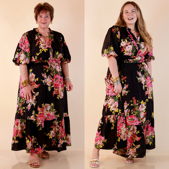 Reserved for Brunch Puff Sleeve Smocked Waist Floral Maxi Dress in Black Multi
