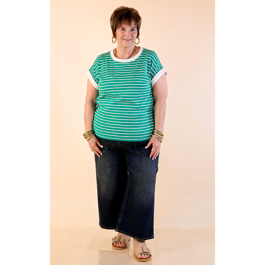 Right on Repeat Scoop Neck Cap Sleeve with Contrast Trim Striped Tee Top in Kelly Green