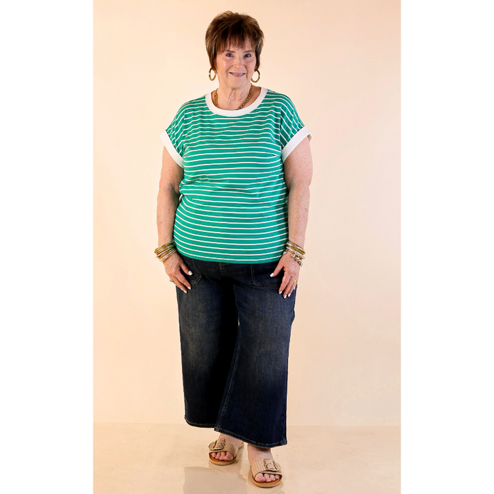 Right on Repeat Scoop Neck Cap Sleeve with Contrast Trim Striped Tee Top in Kelly Green