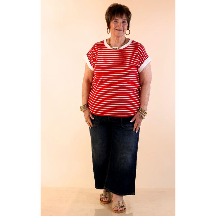 Right on Repeat Scoop Neck Cap Sleeve with Contrast Trim Striped Tee Top in Red