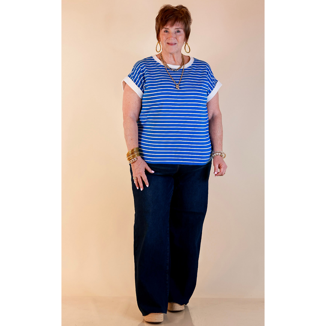 Right on Repeat Scoop Neck Cap Sleeve with Contrast Trim Striped Tee Top in Dark Blue