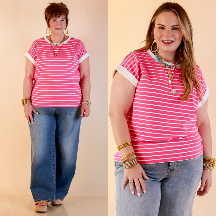 Right on Repeat Scoop Neck Cap Sleeve with Contrast Trim Striped Tee Top in Fuchsia Pink