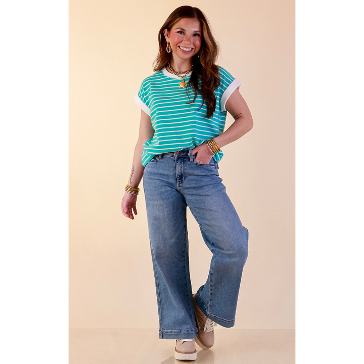 Right on Repeat Scoop Neck Cap Sleeve with Contrast Trim Striped Tee Top in Turquoise Blue