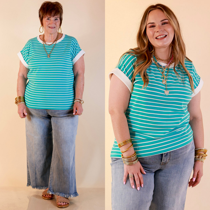 Right on Repeat Scoop Neck Cap Sleeve with Contrast Trim Striped Tee Top in Turquoise Blue