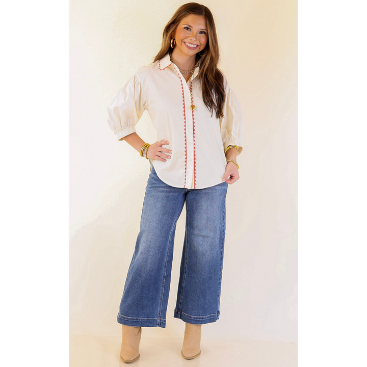Ripple Effect Puff Sleeve Button-Up Top with Rick-Rack Trim Detailing in Cream