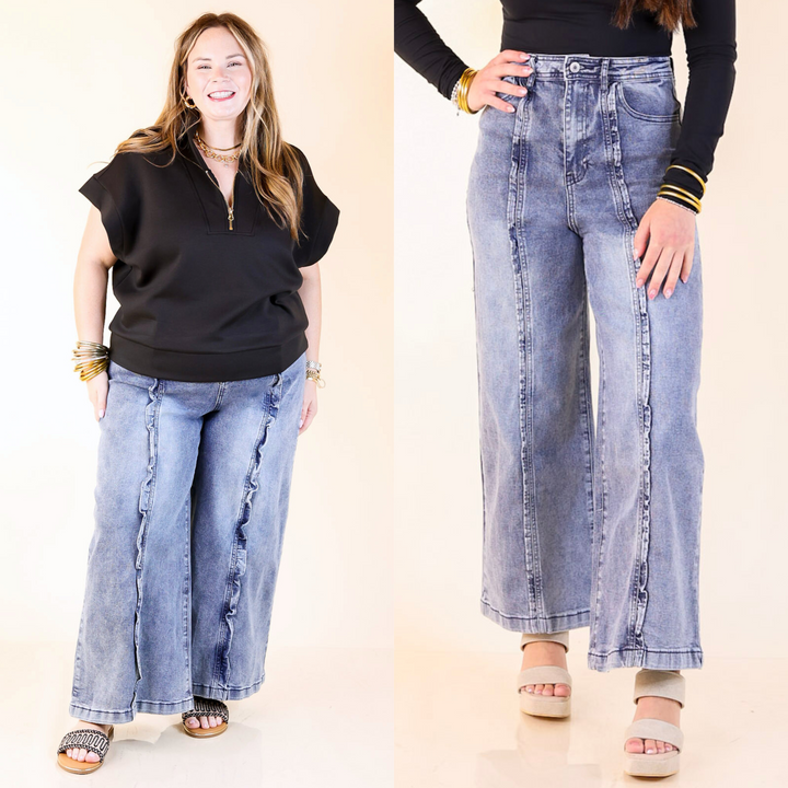 These wide-leg beauties feature an eye-catching acid wash finish with a playful ruffled seam down the front for just the right touch of flair. Sizes small to plus sizes.