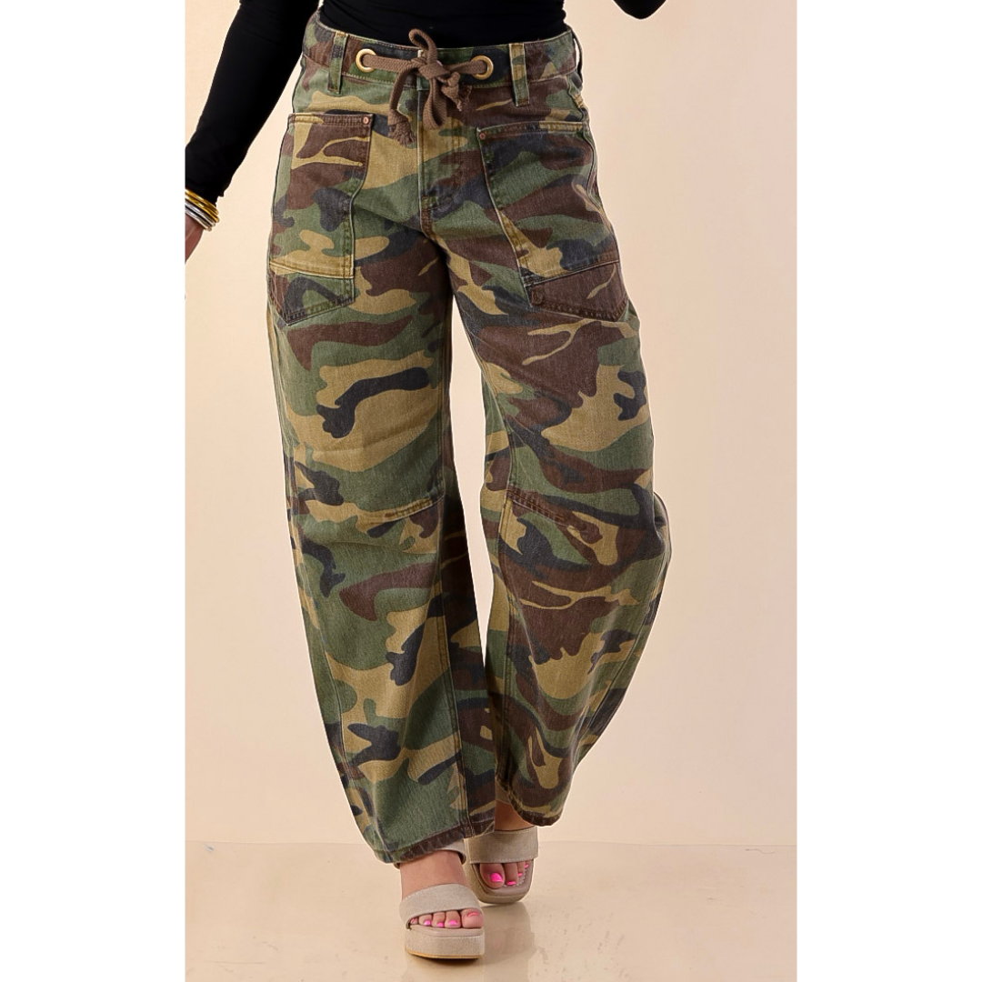 Risen | Built With Ease Wide Leg Drawstring Barrel Jean in Camo Print