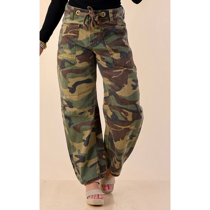 Risen | Built With Ease Wide Leg Drawstring Barrel Jean in Camo Print
