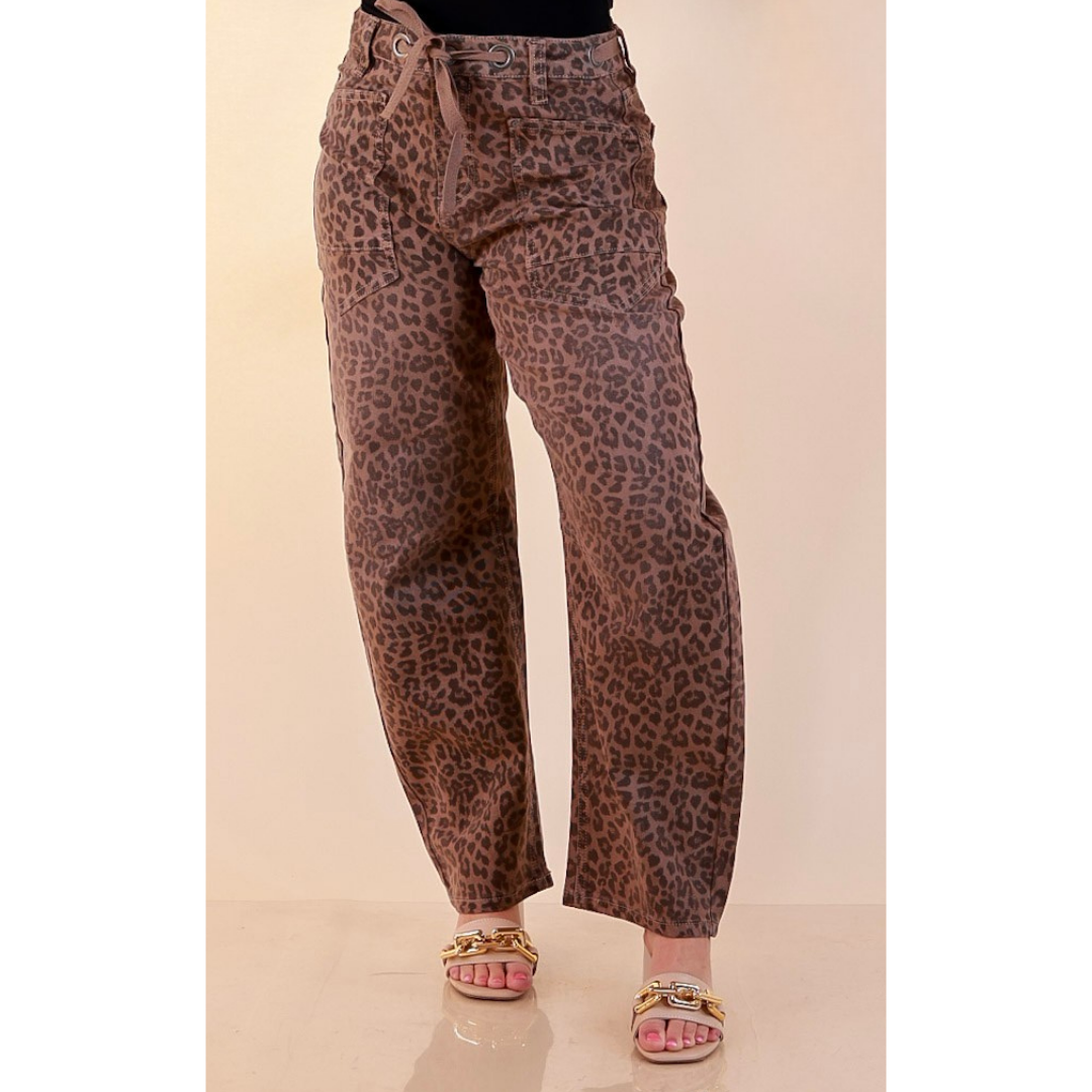 Risen | Easy Statement Leopard Print Drawstring Denim Barrel Jeans in Brown