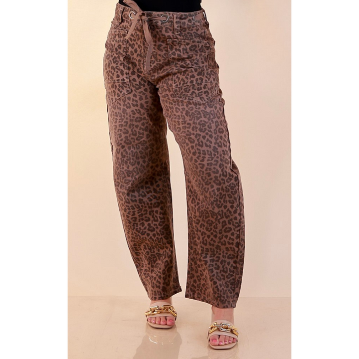 Risen | Easy Statement Leopard Print Drawstring Denim Barrel Jeans in Brown