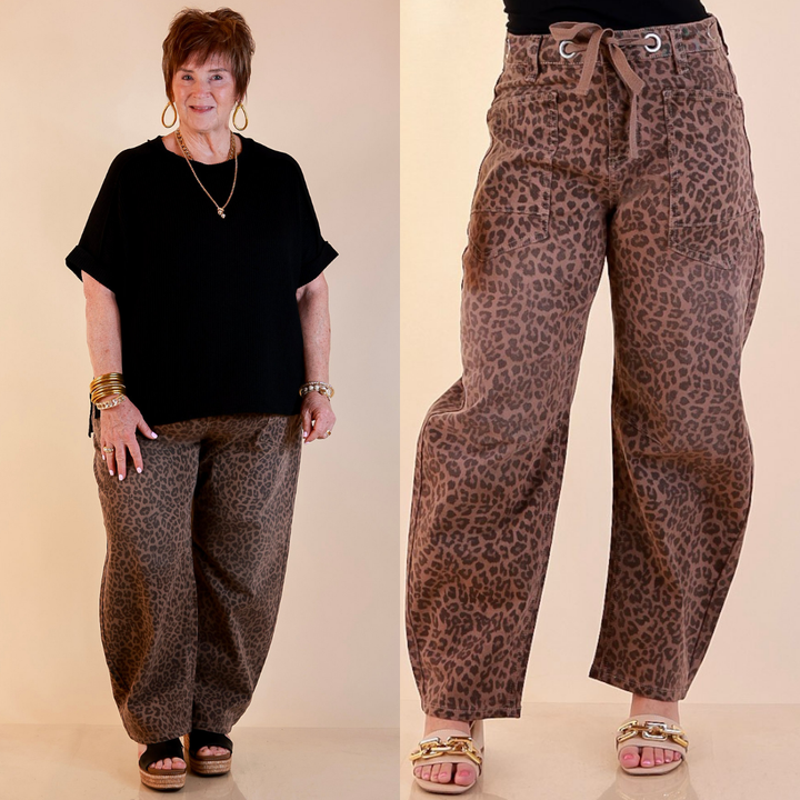Risen | Easy Statement Leopard Print Drawstring Denim Barrel Jeans in Brown