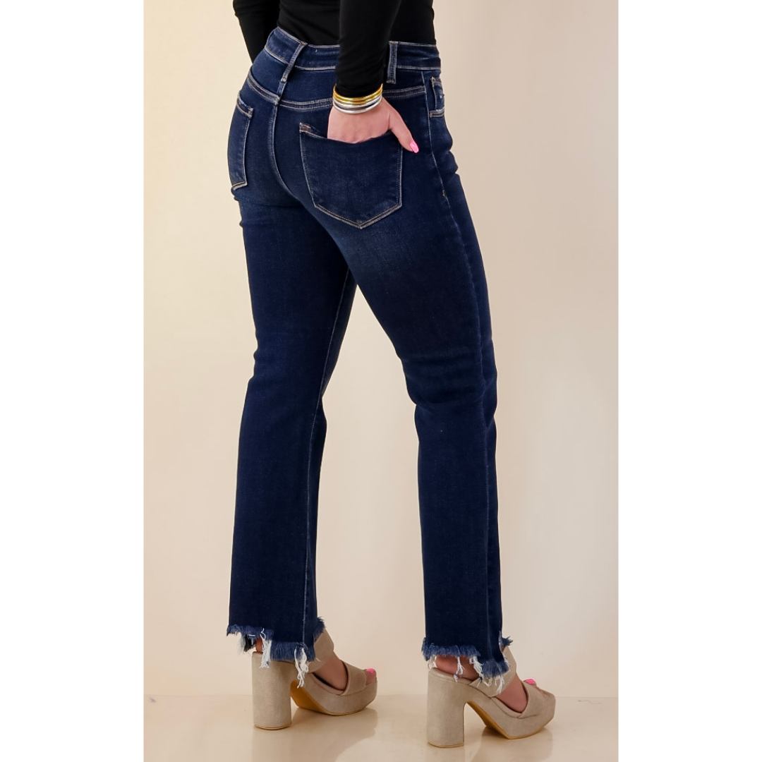 Risen | Effortless Essential Ankle Length Crop Destroyed Hem Straight Slim Jean in Dark Wash