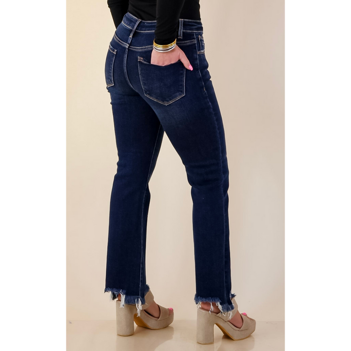 Risen | Effortless Essential Ankle Length Crop Destroyed Hem Straight Slim Jean in Dark Wash