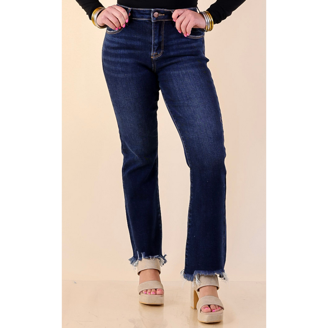 Risen | Effortless Essential Ankle Length Crop Destroyed Hem Straight Slim Jean in Dark Wash