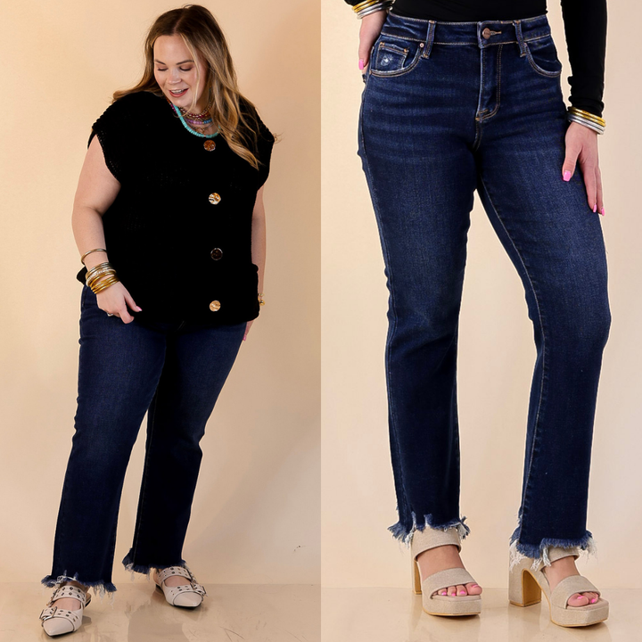Models are wearing Ankle Length Crop Destroyed Hem Straight Slim Jean in Dark Wash with a beige background