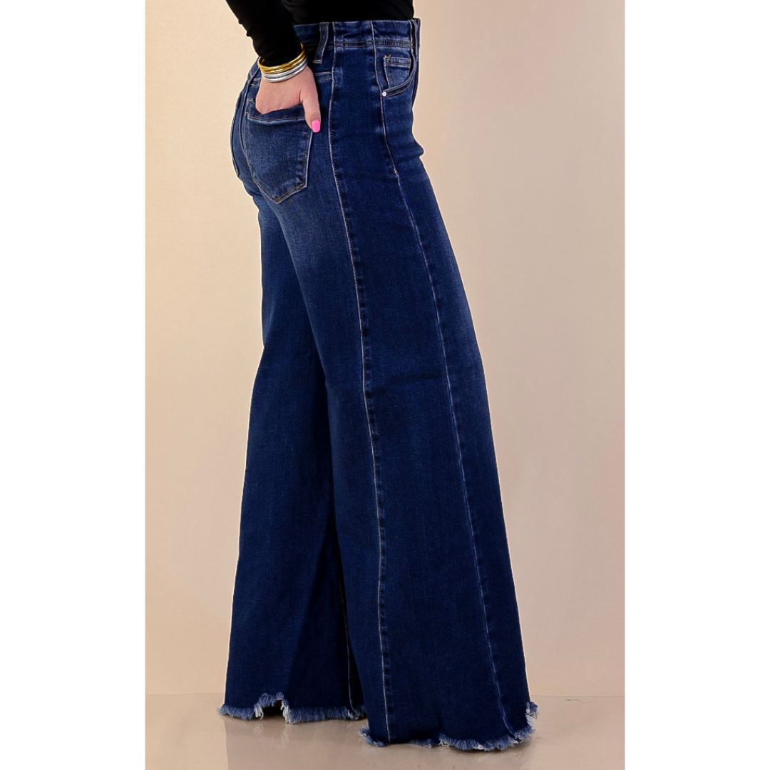 Risen | Holding Steady Wide Leg Raw Hem Jeans in Dark Wash