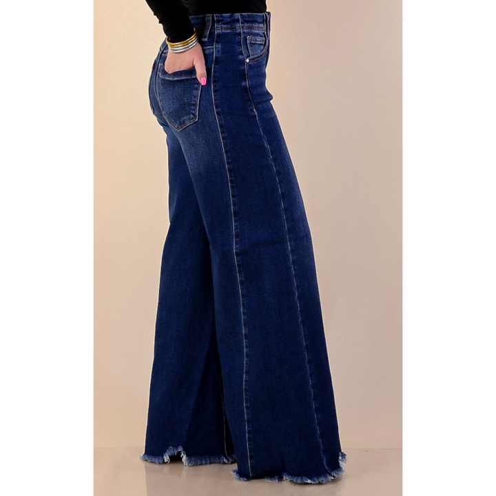 Risen | Holding Steady Wide Leg Raw Hem Jeans in Dark Wash