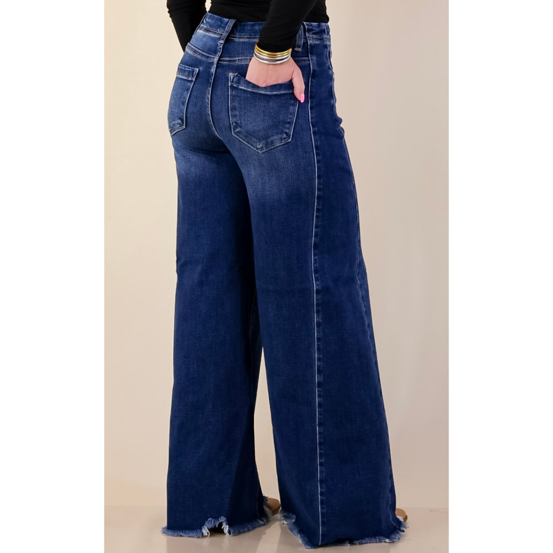 Risen | Holding Steady Wide Leg Raw Hem Jeans in Dark Wash