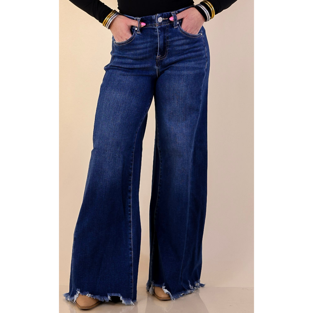 Risen | Holding Steady Wide Leg Raw Hem Jeans in Dark Wash