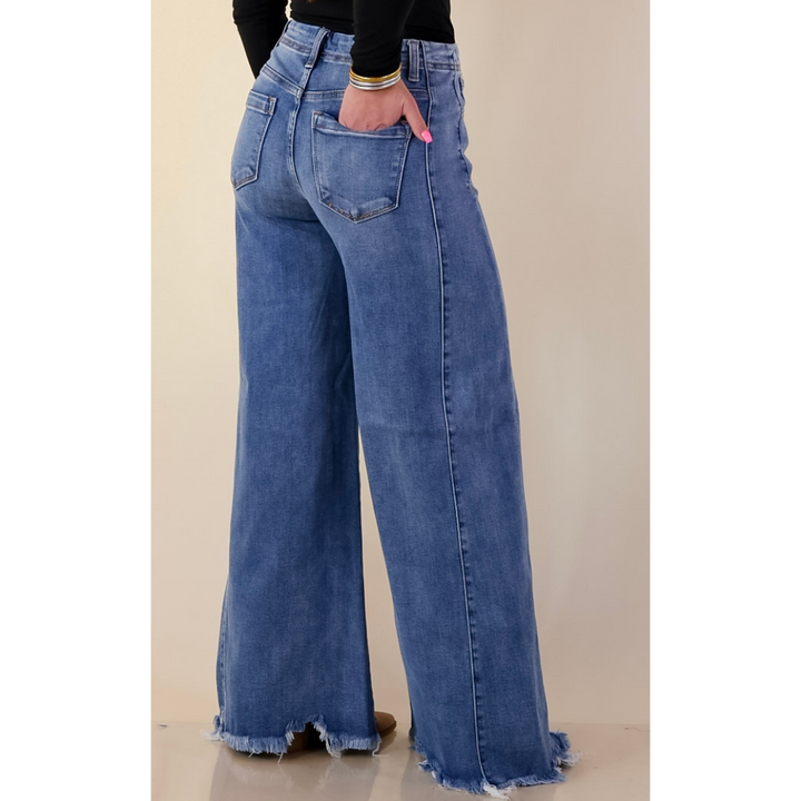 Risen | Holding Steady Wide Leg Raw Hem Jeans in Medium Wash