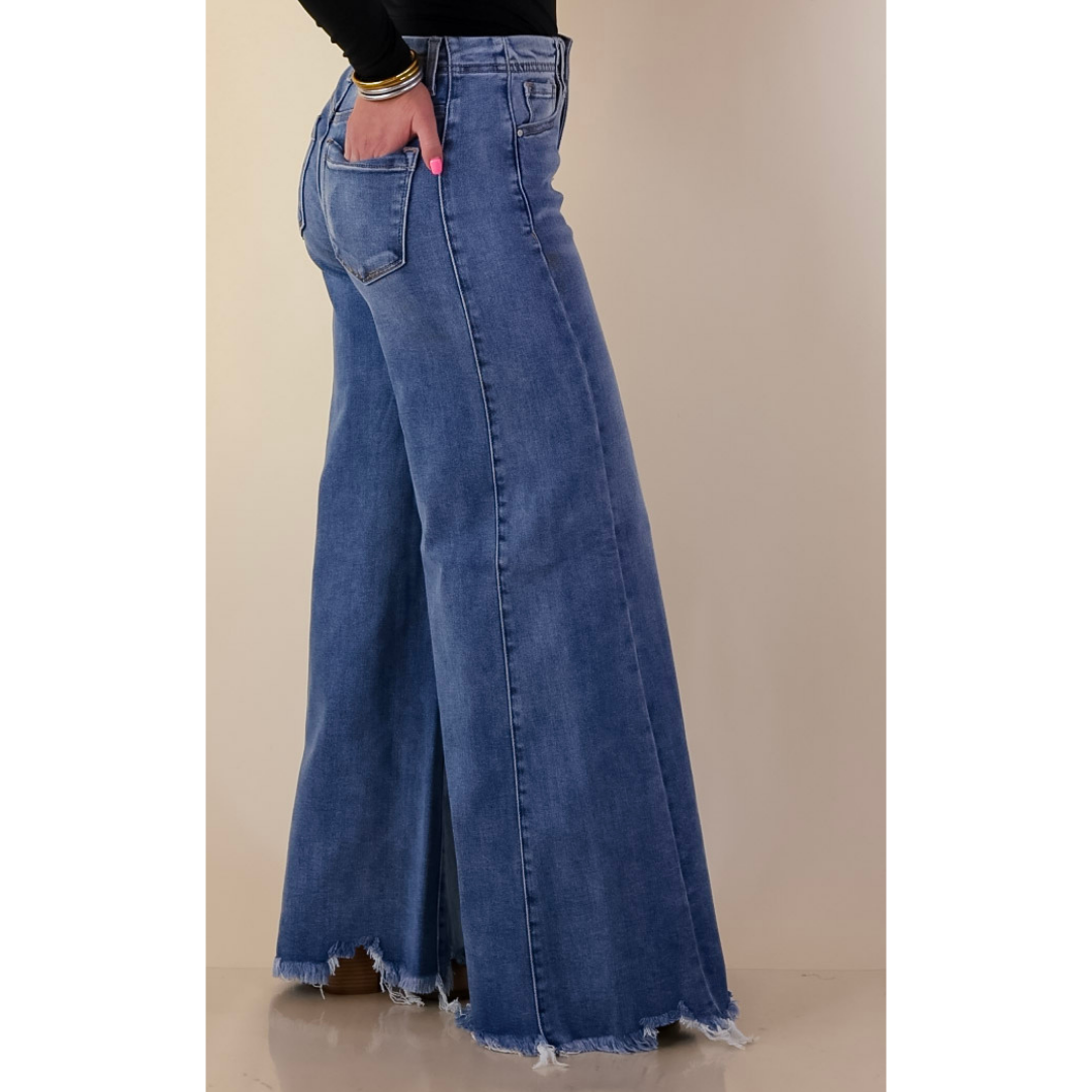 Risen | Holding Steady Wide Leg Raw Hem Jeans in Medium Wash