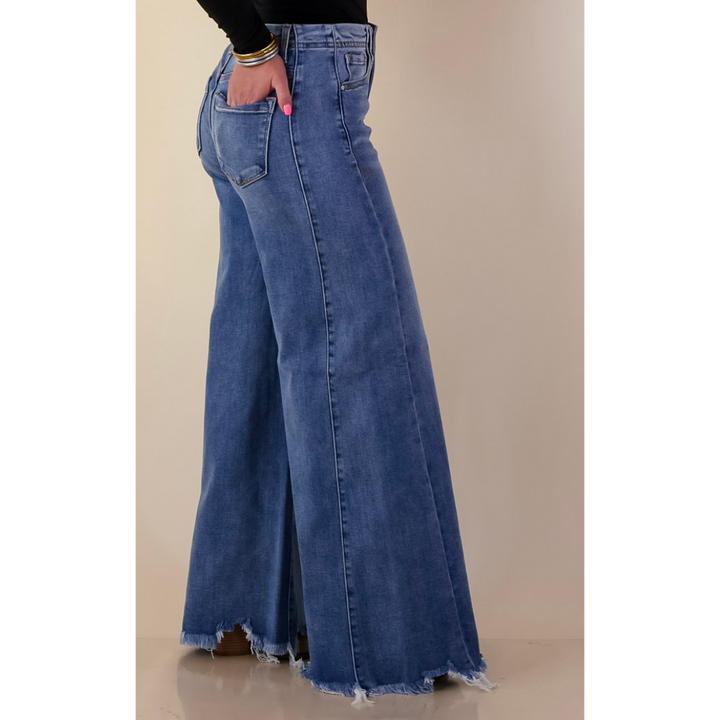 Risen | Holding Steady Wide Leg Raw Hem Jeans in Medium Wash