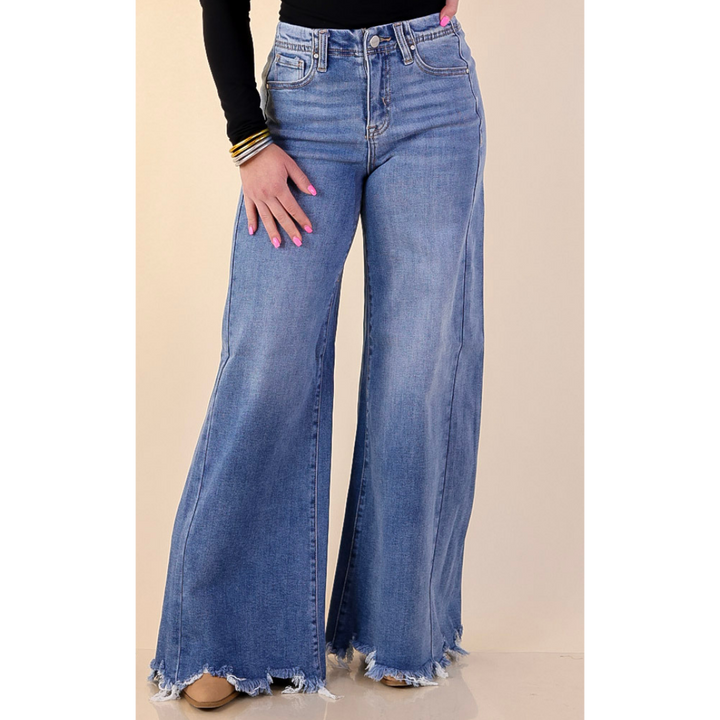 Risen | Holding Steady Wide Leg Raw Hem Jeans in Medium Wash