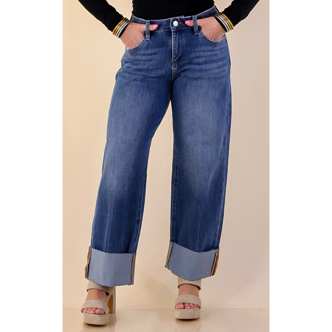 Risen | On Solid Ground Straight Leg Cuffed Jeans in Medium Wash