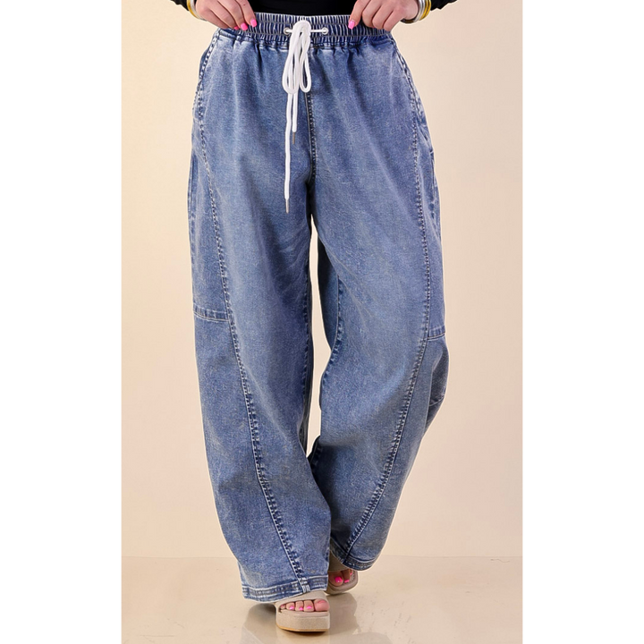 Risen | Relaxed and Ready Elastic Drawstring Waistband Featherweight Barrel Jean in Light Wash