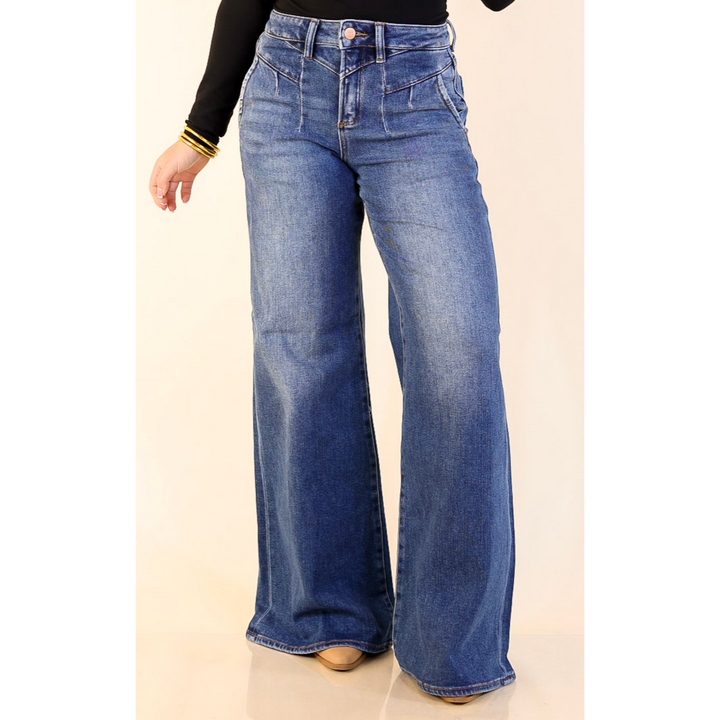 Risen | Rocky Mountain Retreat 90's Inspired Wide Leg Front Yoke Seam Detail Jeans in Dark Wash