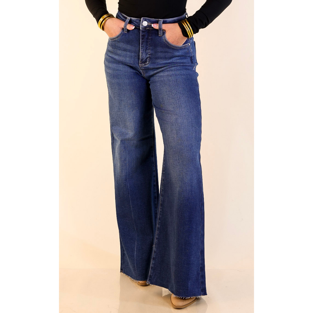 Risen | Signature Silhouette Wide Leg Raw Hem Palazzo Jeans in Dark Wash