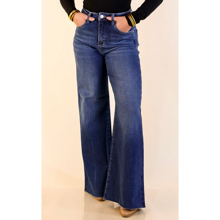 Risen | Signature Silhouette Wide Leg Raw Hem Palazzo Jeans in Dark Wash