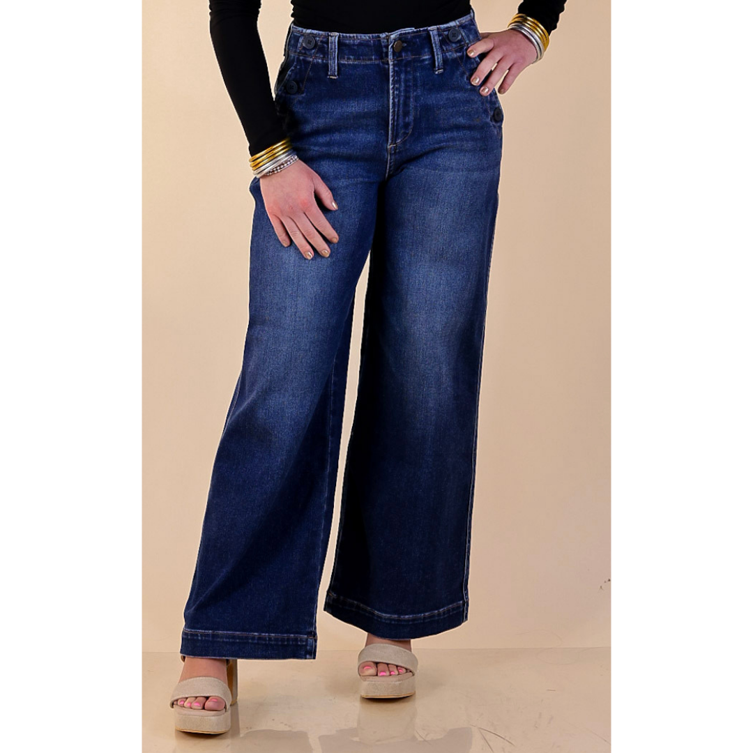 Risen | Steady Style Cropped Wide Leg Trouser Jean with Pocket Detailing in Dark Wash