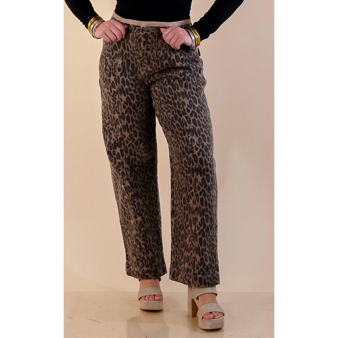 Risen | Wild Card Leopard Print Denim Barrel Jeans in Brown