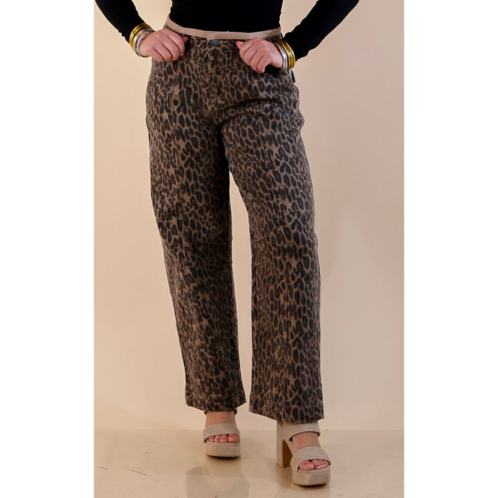 Risen | Wild Card Leopard Print Denim Barrel Jeans in Brown