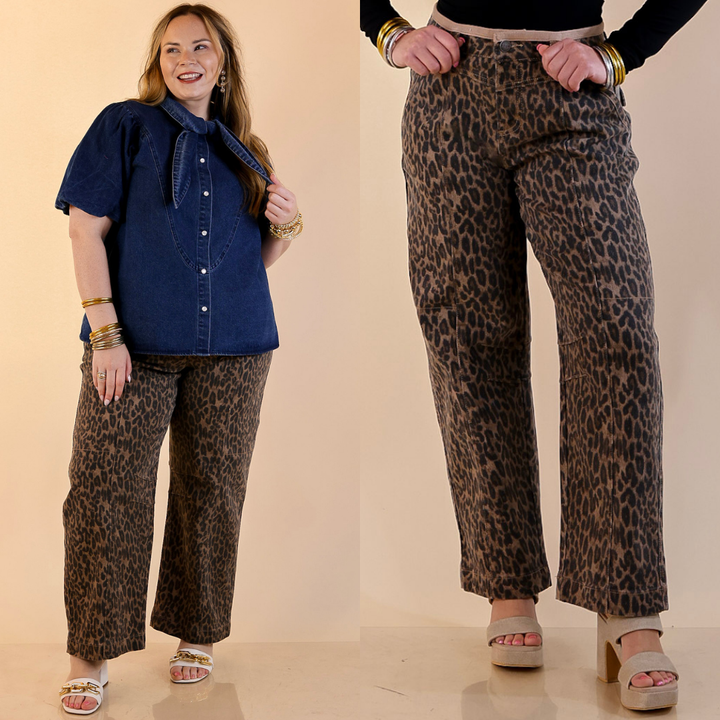 Models are wearing Leopard Print Denim Barrel Jeans with Drawstring Waist in Brown against a beige backdrop. 