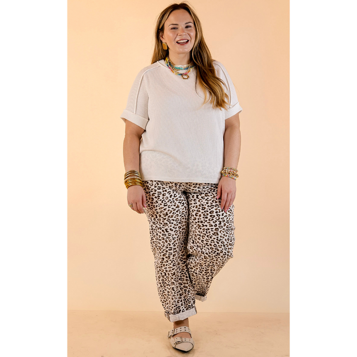 Risen | Wild Intentions Leopard Print Barrel Jeans in Ivory and Brown