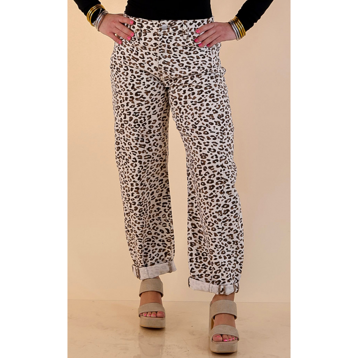 Risen | Wild Intentions Leopard Print Barrel Jeans in Ivory and Brown