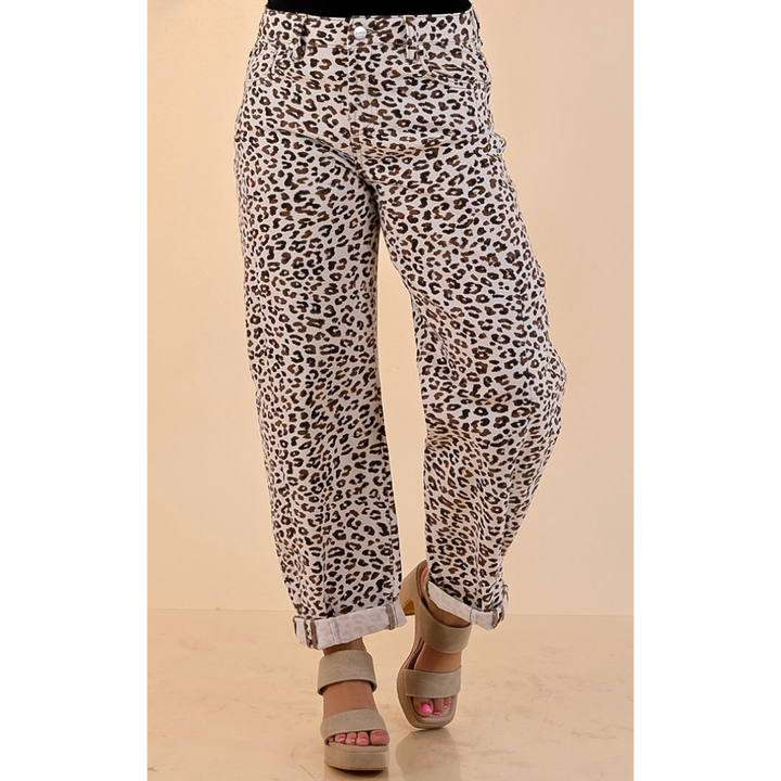 Risen | Wild Intentions Leopard Print Barrel Jeans in Ivory and Brown
