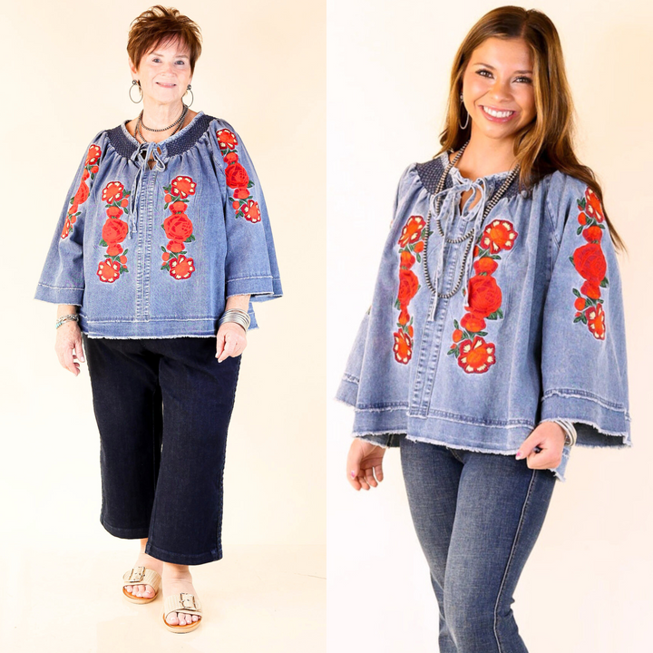 Rodeo Quincy | Tia Carmen Flowy Denim Blouse with Red Rose Embroidery